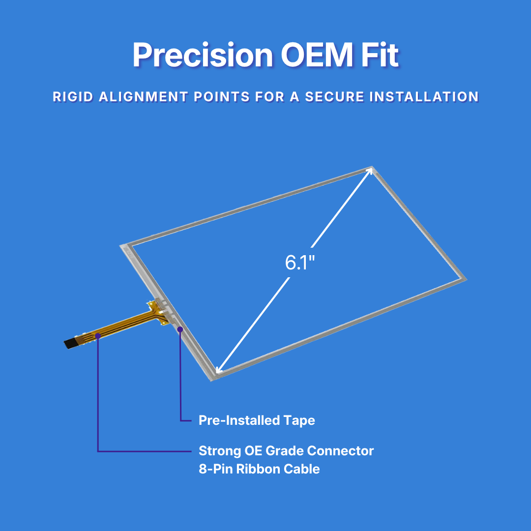 Touchscreen display with text about precision OEM fit on a blue background