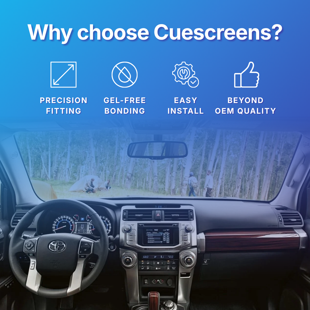 Car dashboard with a touchscreen display and text highlighting Cuescreens' features on a blue background