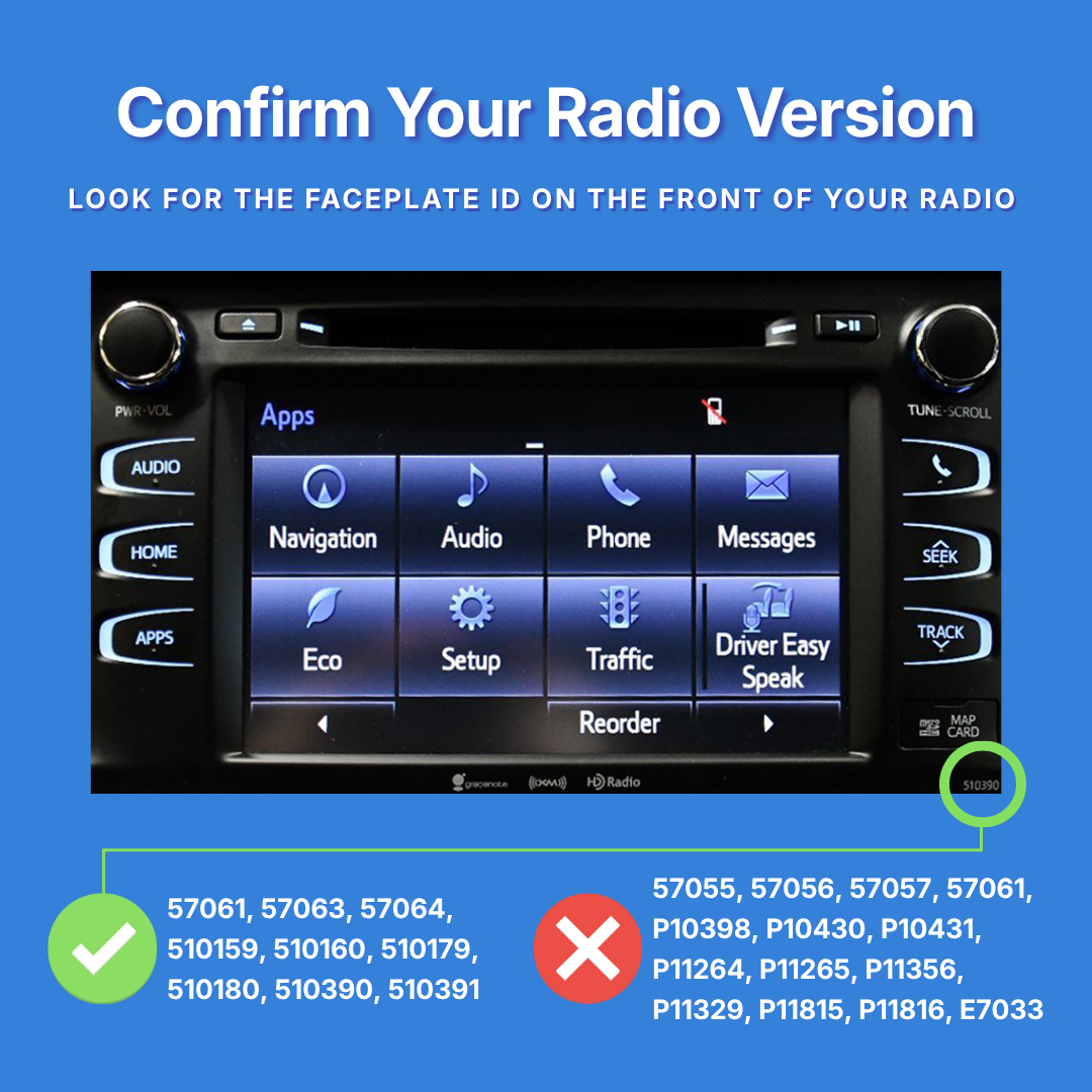 Car radio display on a blue background, featuring text to confirm radio version.