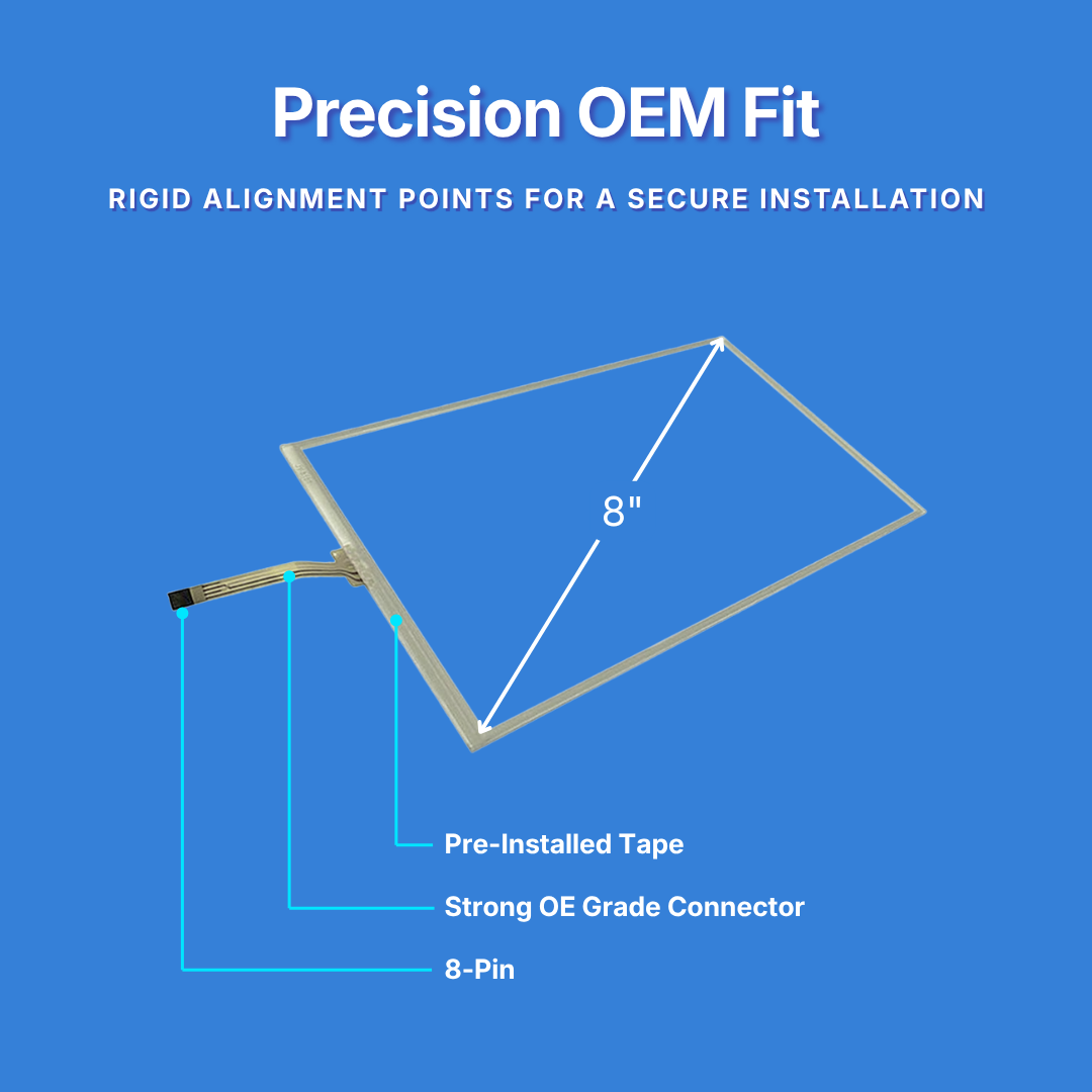 Touchscreen with text about precision OEM fit on a blue background