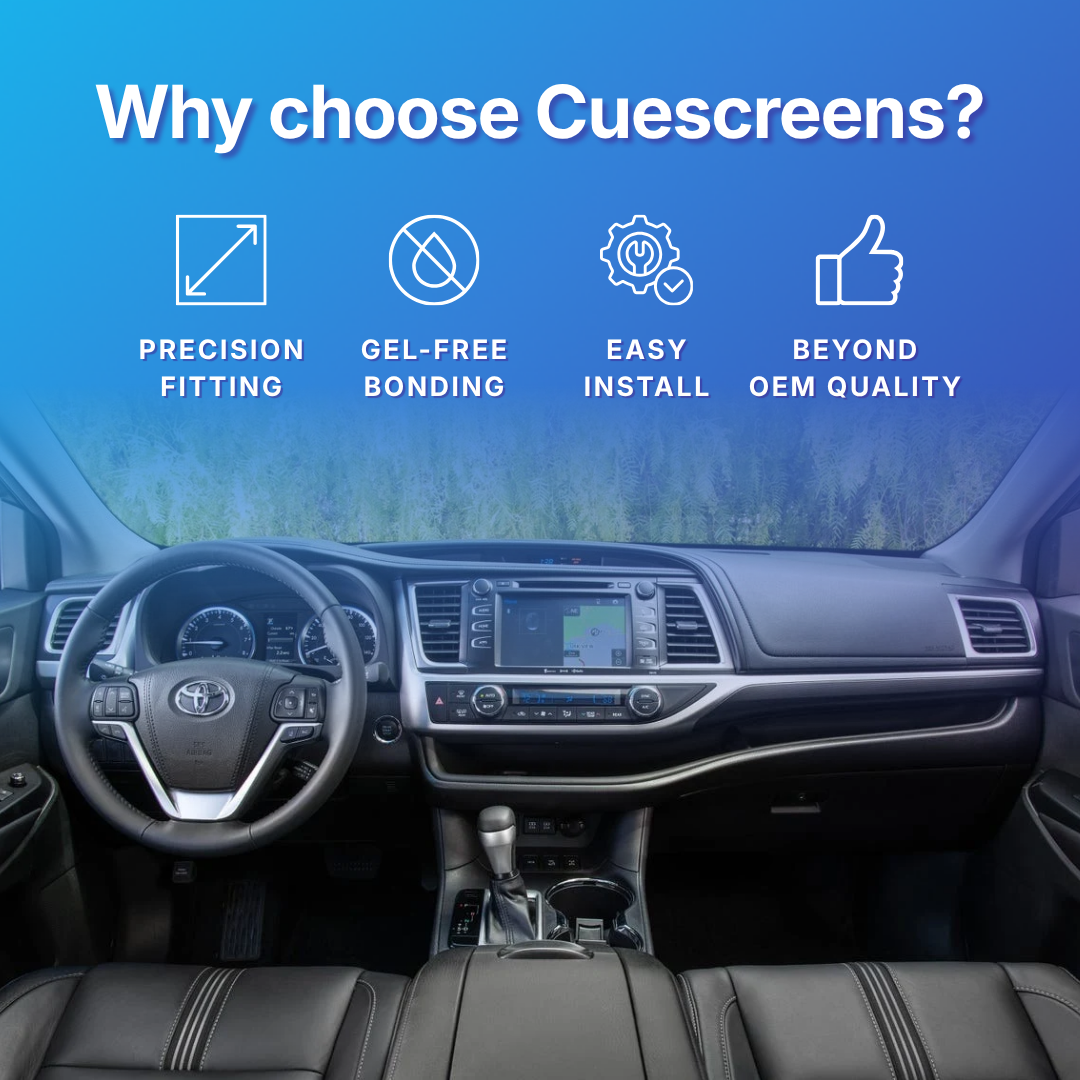 Car interior with dashboard and steering wheel, featuring text 'Why choose Cuescreens?' and icons with benefits.