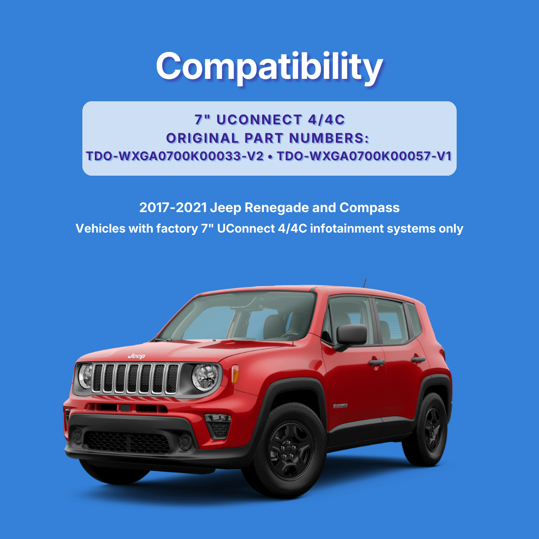 Compatibility chart for Jeep vehicles with a red SUV on a blue background