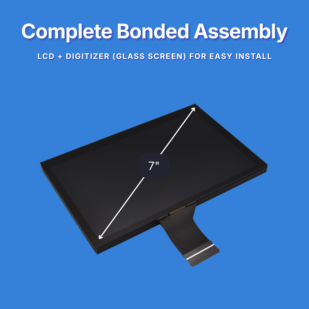 7-inch LCD digitizer assembly on a blue background with text about complete bonded assembly.