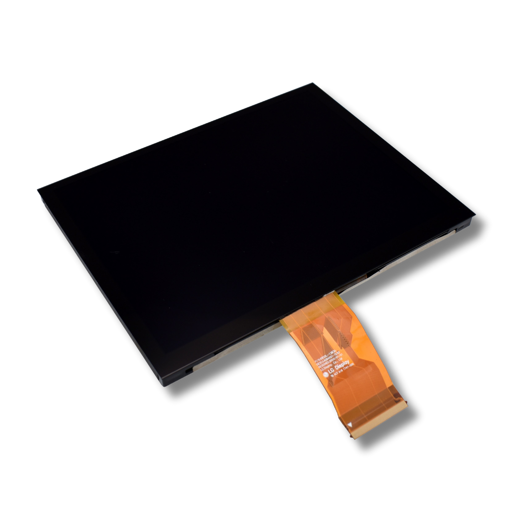 Black electronic screen with orange connector on a white background