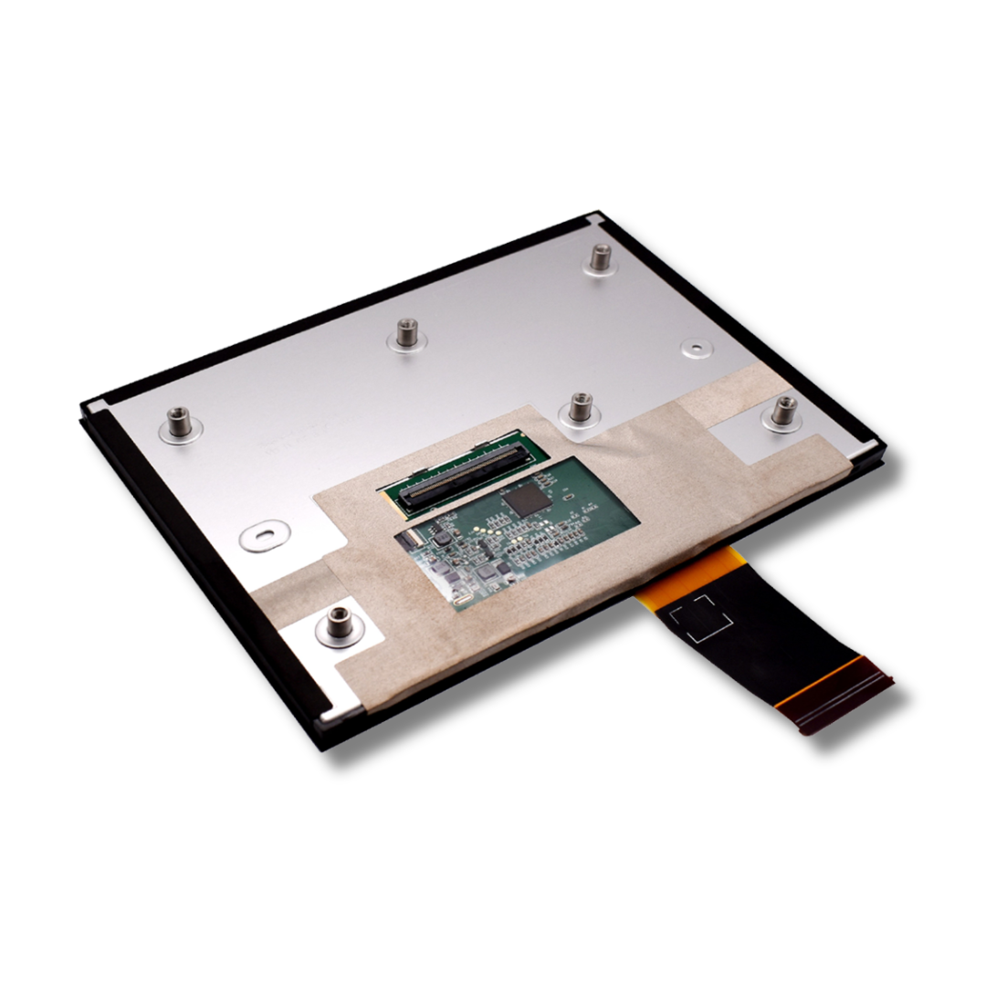 Infotainment screen back with circuit board and connectors on a white background
