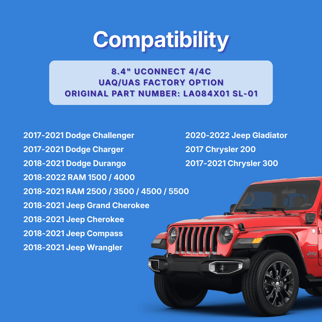 Compatibility list for 8.4" UCONNECT 4/4C system on a blue background with a red Jeep vehicle.