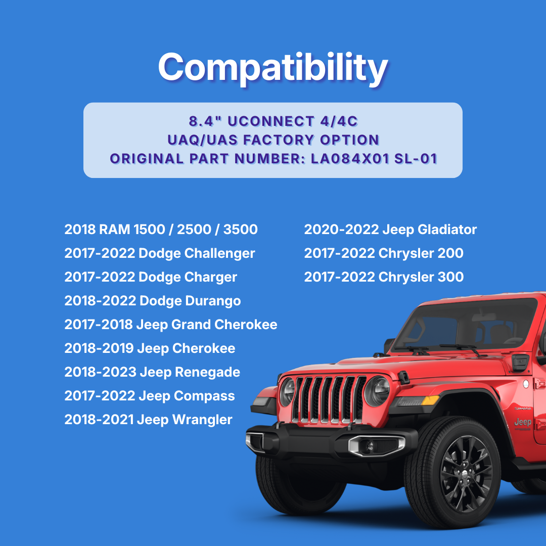 Compatibility list for 8.4" UCONNECT 4/4C system on a blue background with a red Jeep vehicle.