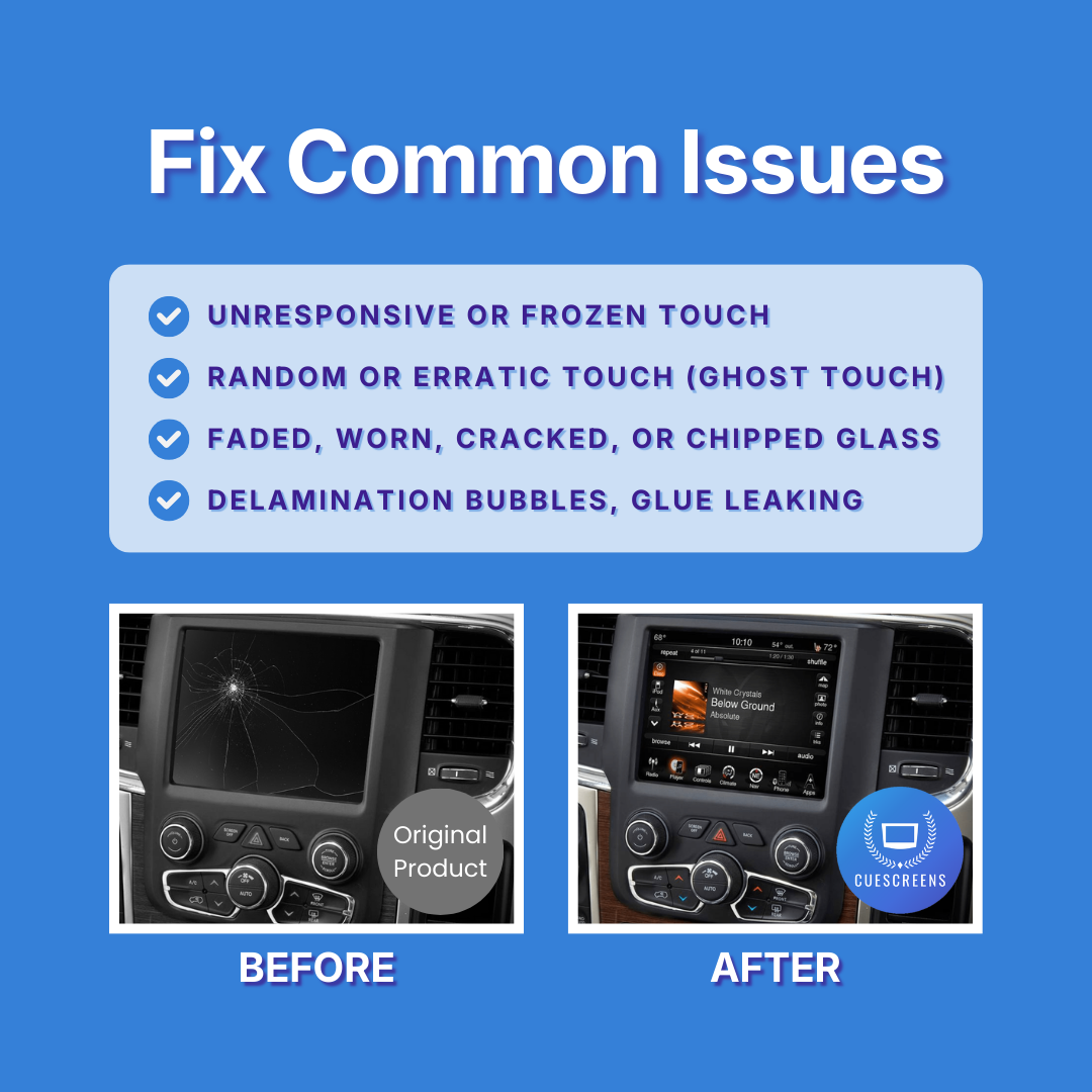 Before and after comparison of a car's infotainment system with text on common issues.