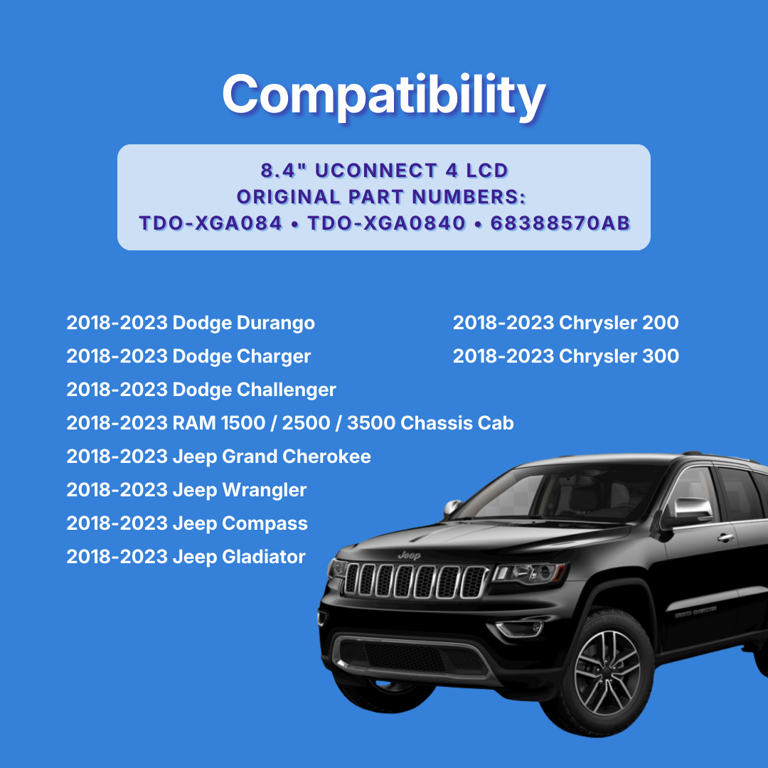 Compatibility chart for Dodge, Jeep, RAM, and Chrysler vehicles with a blue background