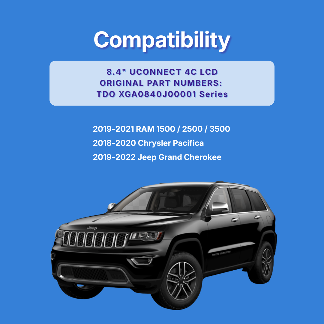 Compatibility chart for Jeep, RAM, and Chrysler vehicles with a blue background