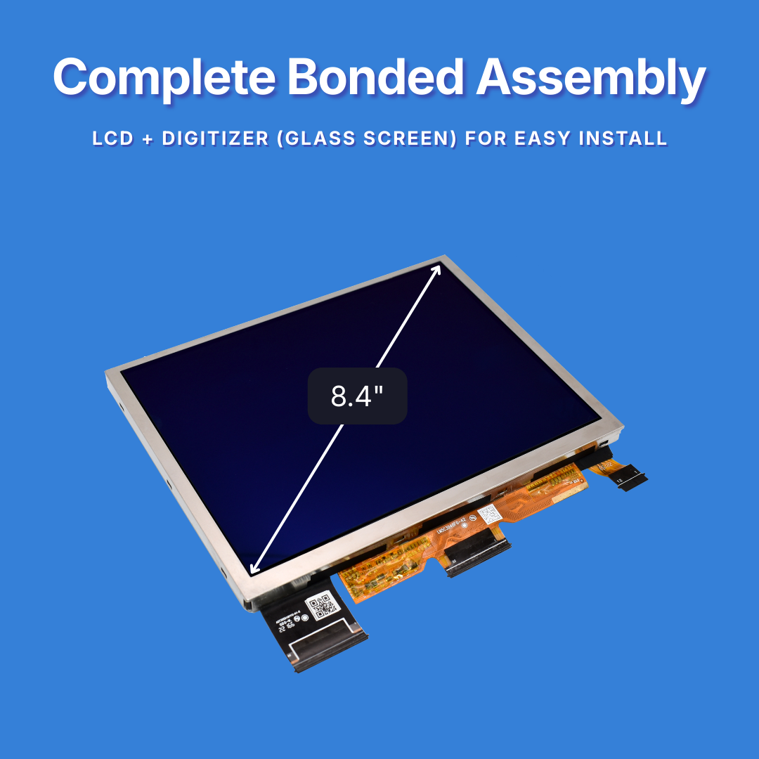 8.4" LCD + Digitizer assembly on a blue background with text about easy installation.