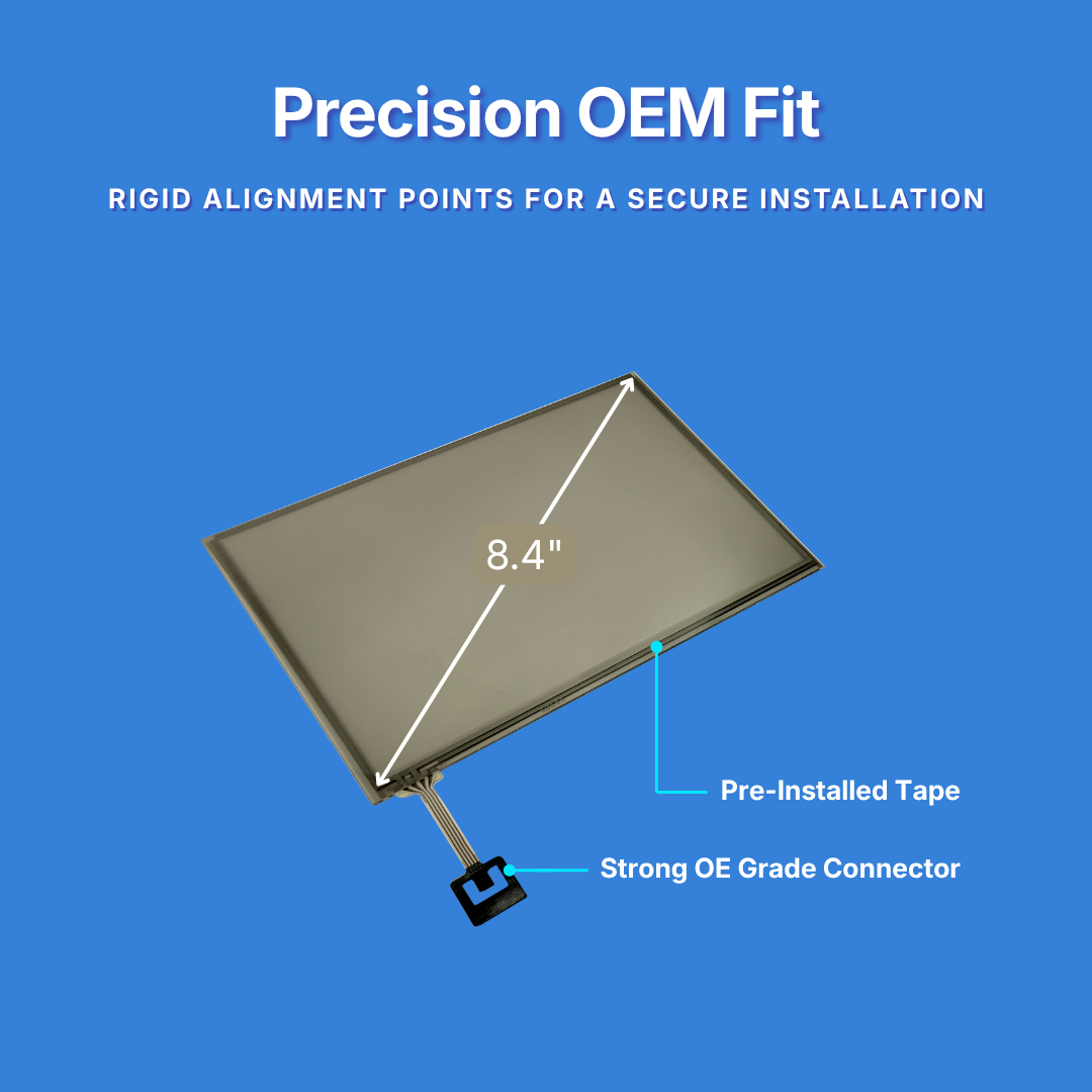 Touchscreen display with features highlighted on a blue background.