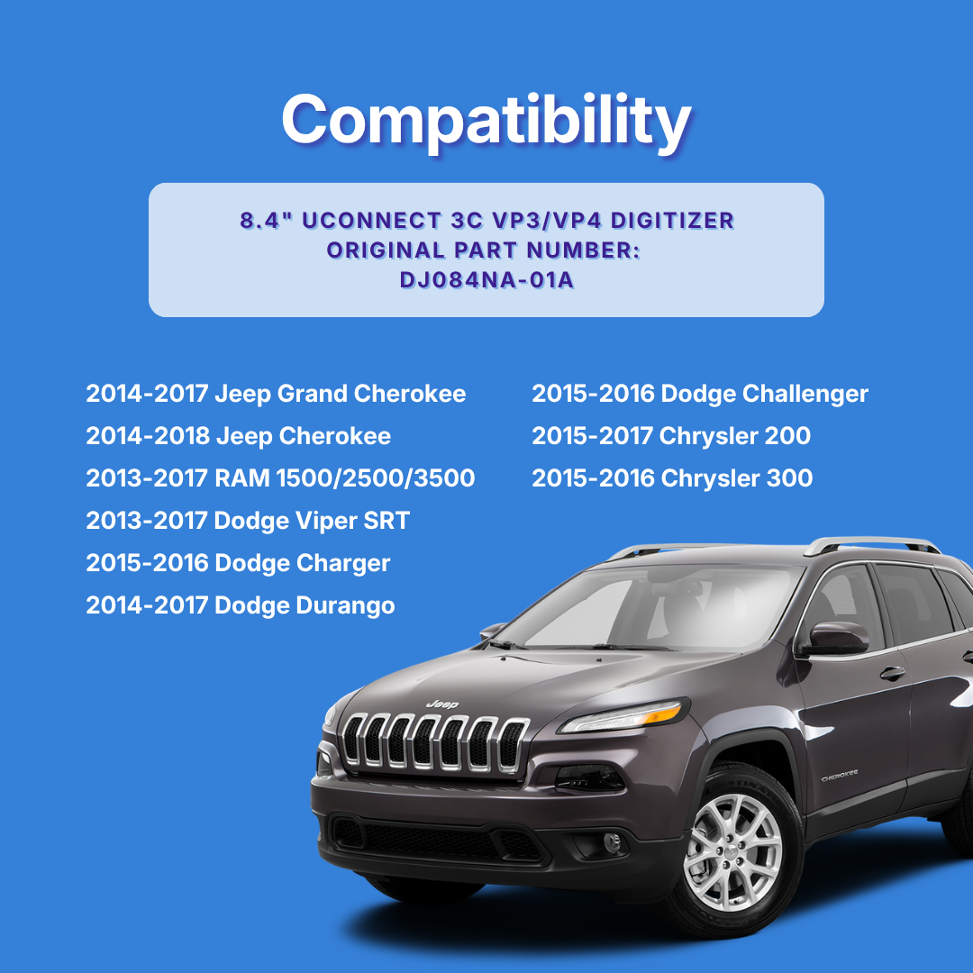 Compatibility chart for Jeep, RAM, Dodge, and Chrysler vehicles with a gray Jeep on a blue background