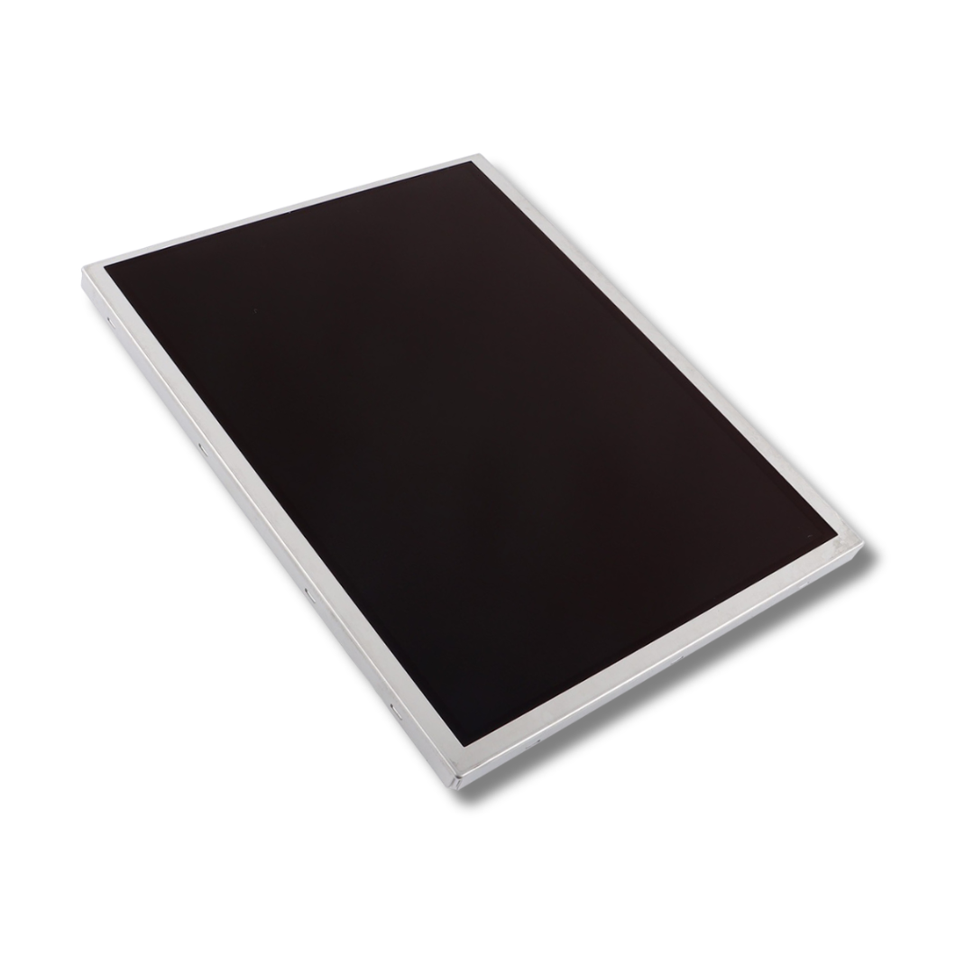 Black infotainment screen with silver frame on a white background