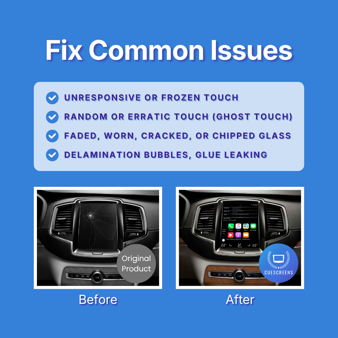 Before and after comparison of a car's infotainment screen with text about fixing common issues on a blue background