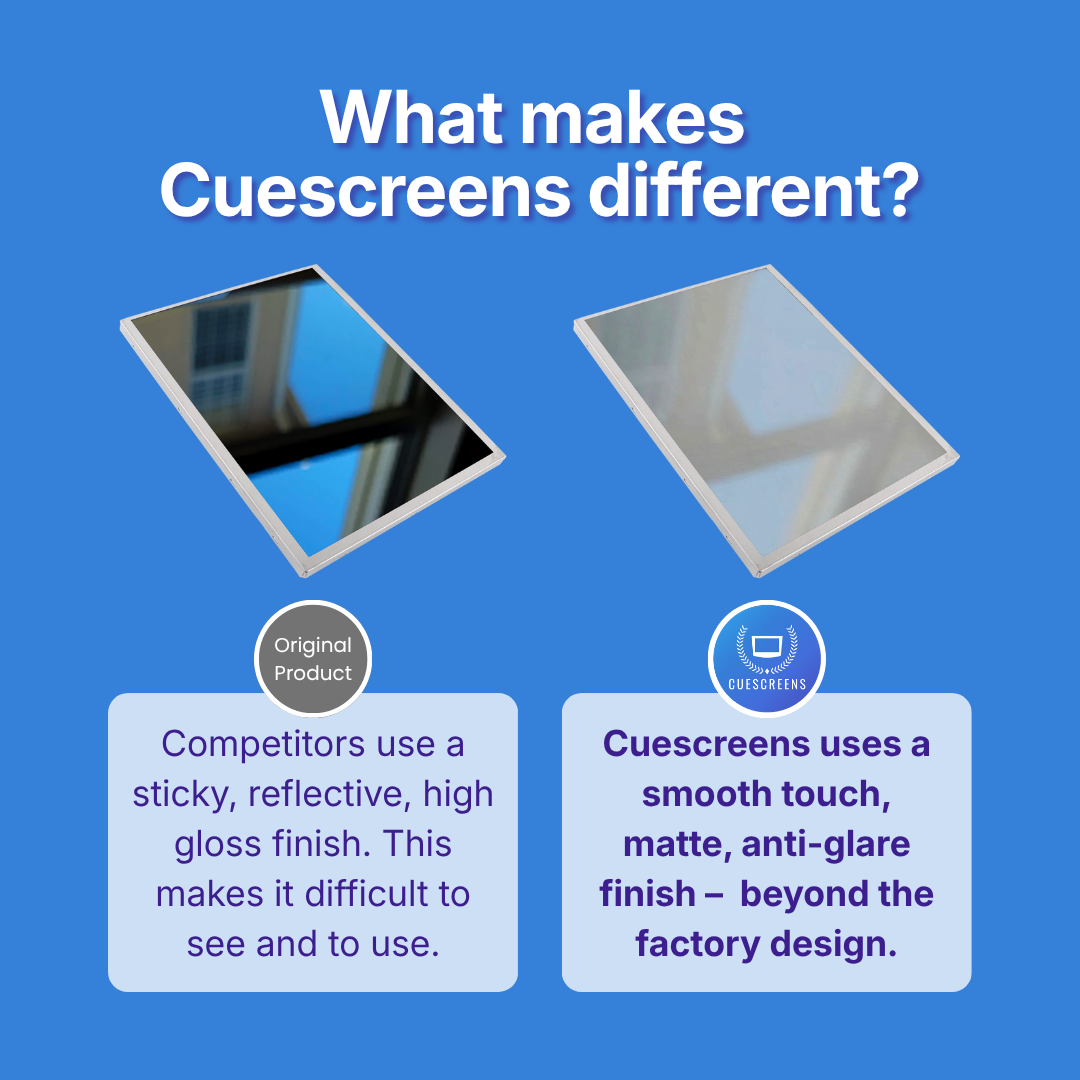 Comparison of other's product and Cuescreens product on a blue background with text explaining differences