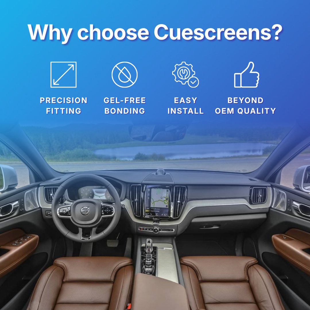 Car interior with Cuescreens branding highlighting features like precision fitting, gel-free bonding, easy install, and beyond OEM quality