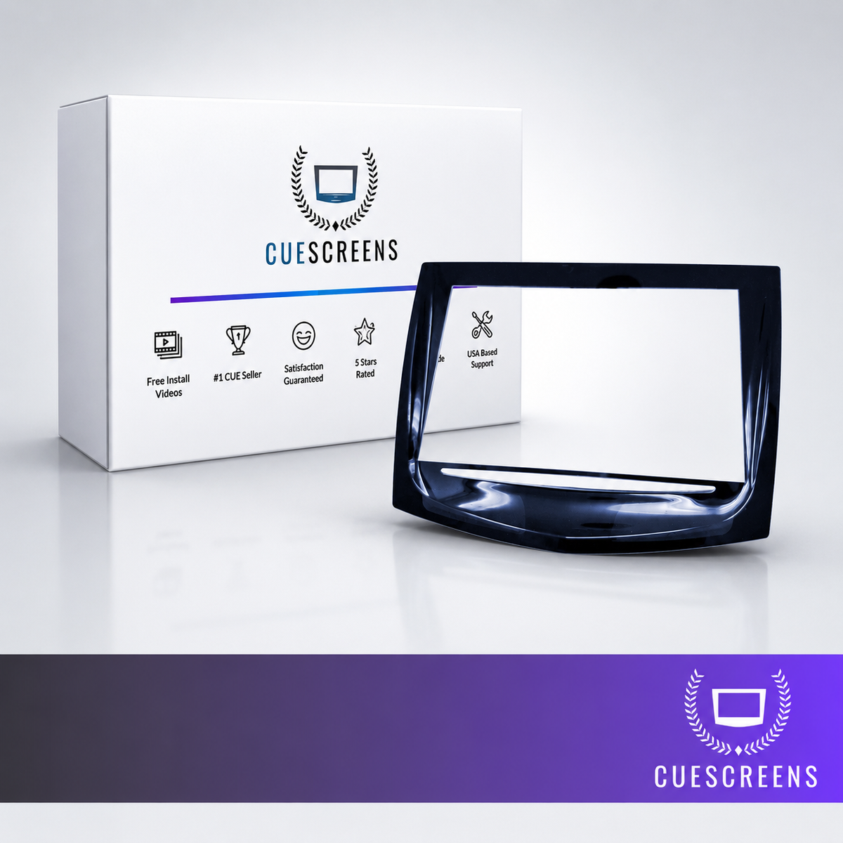 A glossy black car stereo dashboard bezel frame shown in front of its white retail box, with the Cuescreens brand name and logo visible on both the packaging and the lower banner.