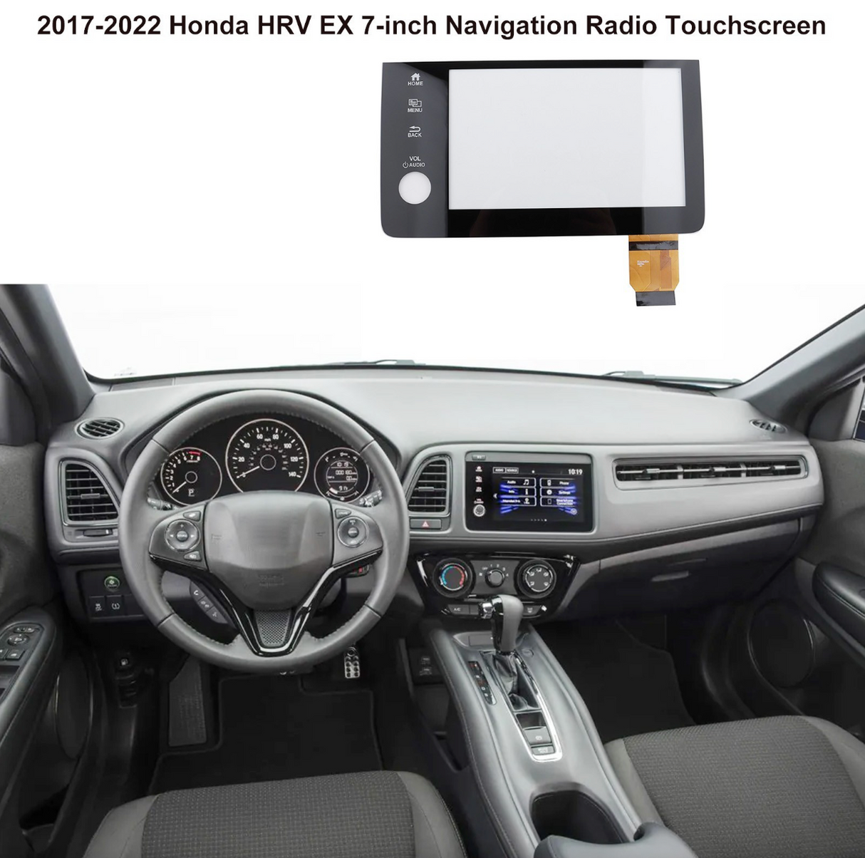 Car interior with a 7-inch navigation radio touchscreen display on a white background