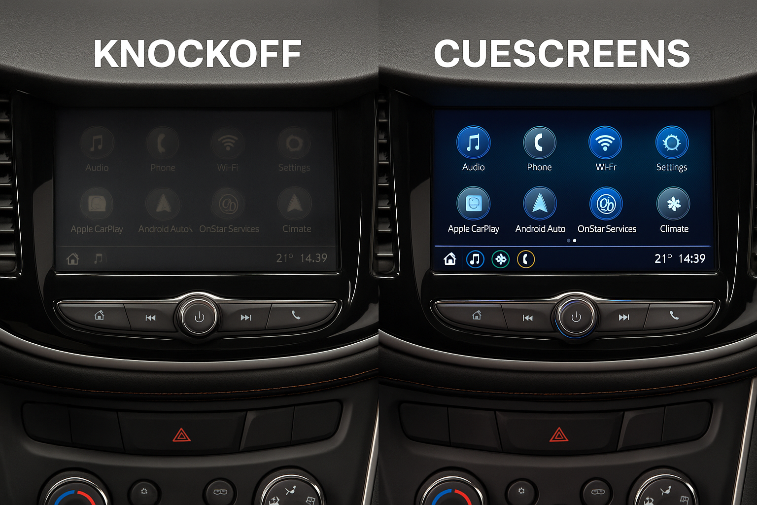 A side by side comparison photo of knockoff touchscreens vs. Cuescreens