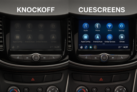 A side by side comparison photo of knockoff touchscreens vs. Cuescreens