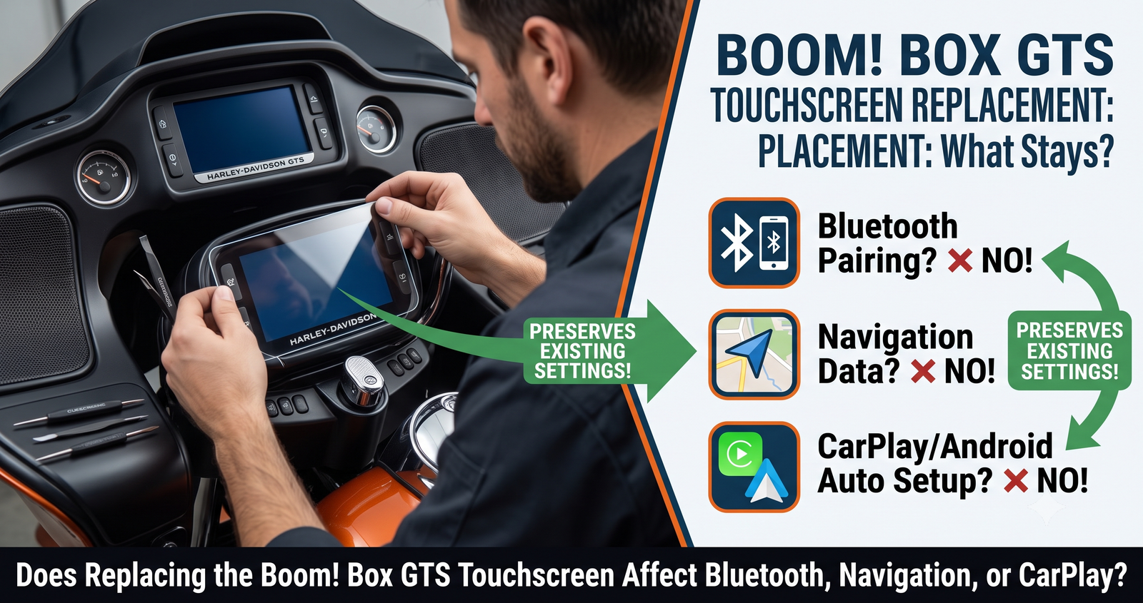 Does Replacing the Boom! Box GTS Touchscreen Affect Bluetooth, Navigation, or CarPlay?