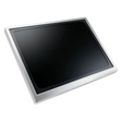 Black infotainment screen with silver frame on a white background
