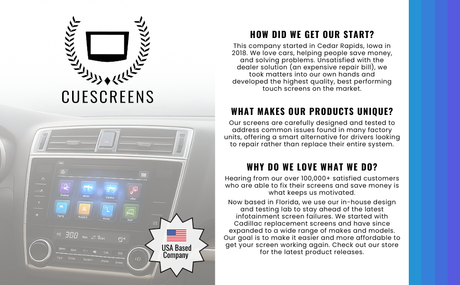 Cuescreens product description with a car dashboard display in the background