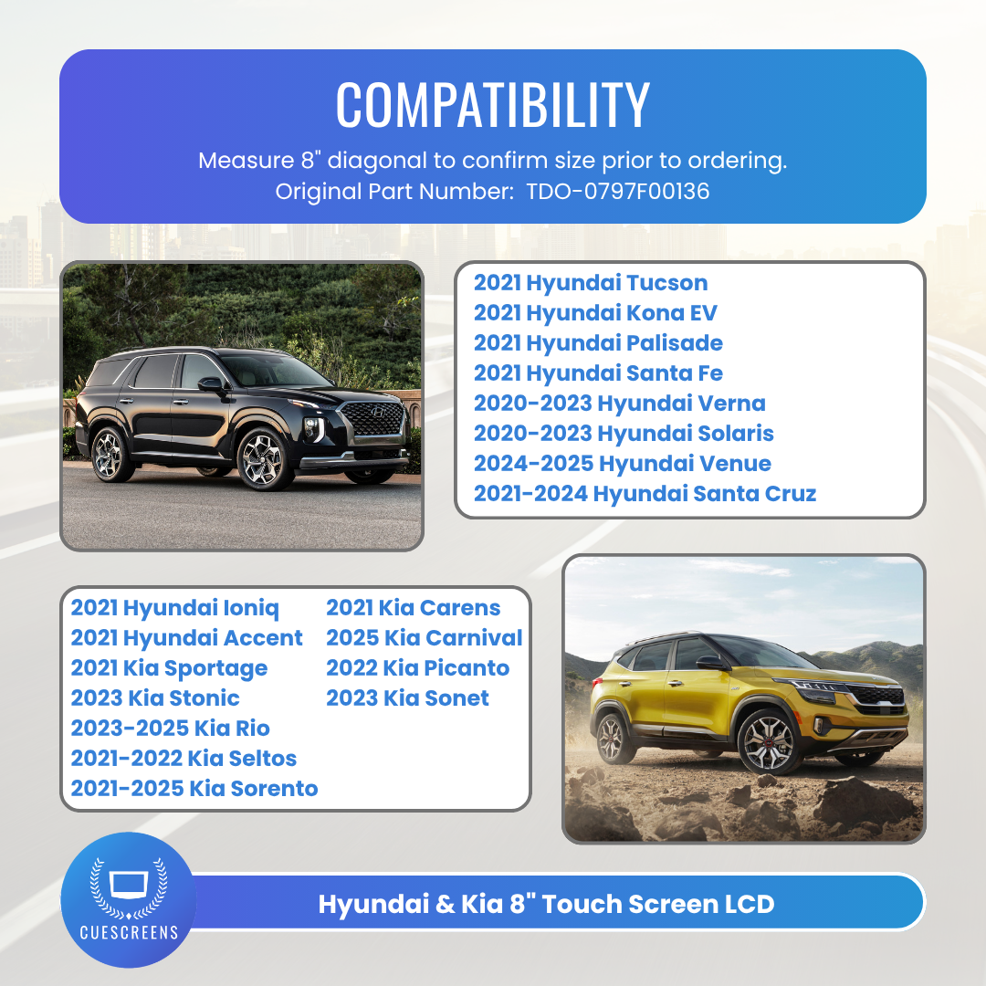 Compatibility for 8" Hyundai & Kia Touch Screen Replacement 