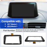 Car dashboard with a screen and compatibility information for 2017 and 2018 Mazda 3 models.