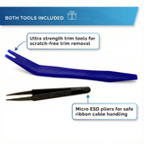 Two tools included in a set: ultra-strength trim tools and micro ESD pliers, with labels on a white background.