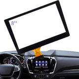 Car dashboard with a 8-inch screen overlay and a yellow cable on a white background