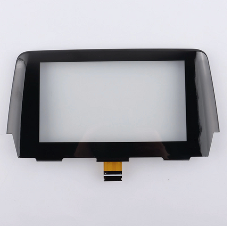 Black rectangular electronic component with a white screen on a white background
