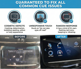 Before and after comparison of a car's infotainment system with text indicating fixes for common issues.