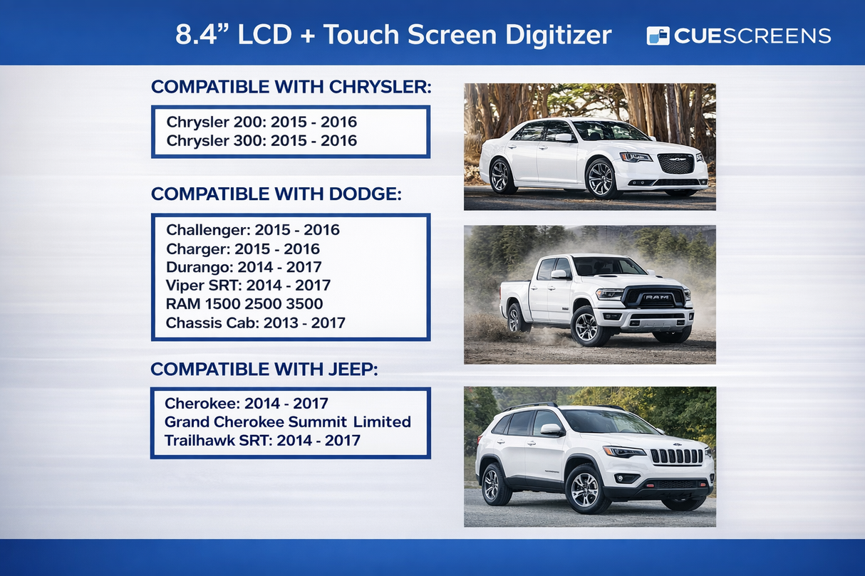 UConnect 3C 8.4" LCD + Touchscreen Replacement VP3 / VP4 Systems | DJ084NA-01A | 2013–2018 Chrysler, Dodge, Jeep, and RAM Vehicles