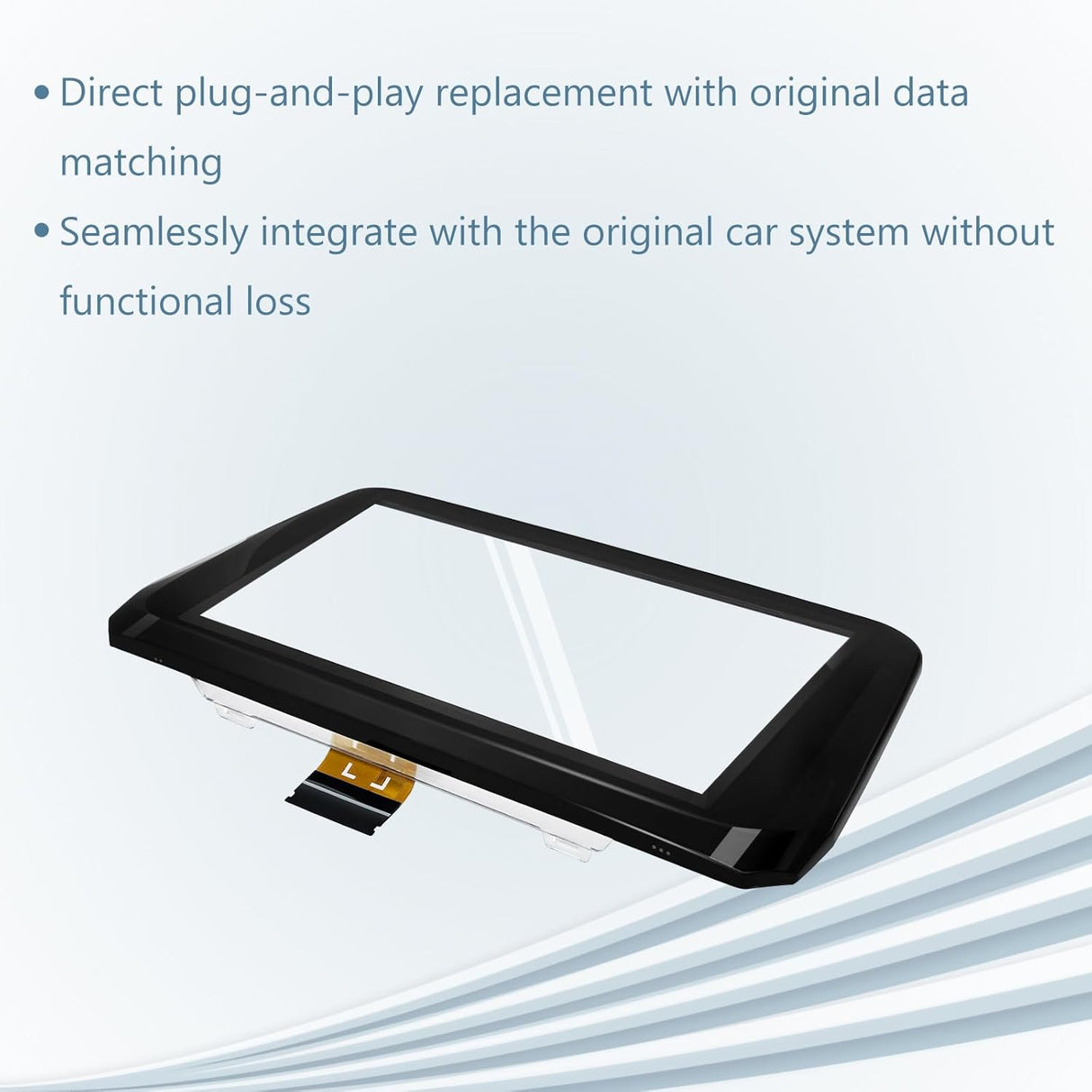 Automotive touchscreen digitizer replacement graphic highlighting plug-and-play installation and original system integration.