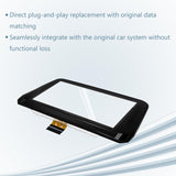 Automotive touchscreen digitizer replacement graphic highlighting plug-and-play installation and original system integration.