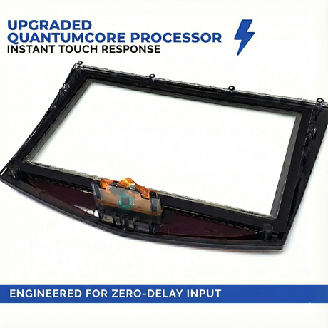 Electronic component with text about an upgraded quantum core processor on a white background