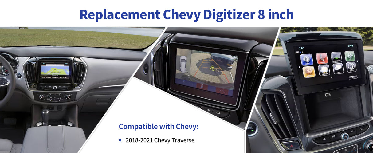 Replacement Chevy Digitizer 8 inch display with compatibility details for 2018-2021 Chevrolet Traverse.
