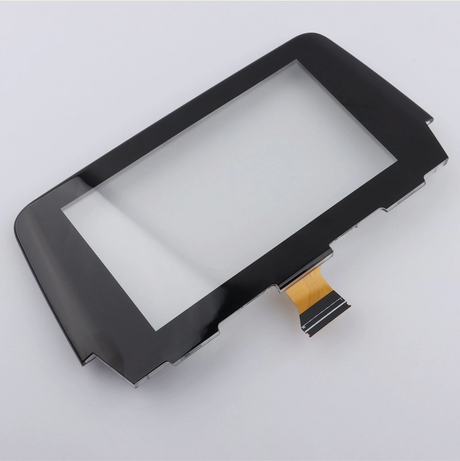 Black rectangular electronic component with a flexible cable on a white background