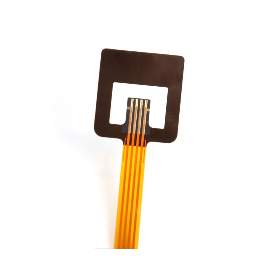 Close-up of a square internal connection sensor pad with an attached multi-pin flexible copper ribbon cable (flex cable), isolated on a white background.