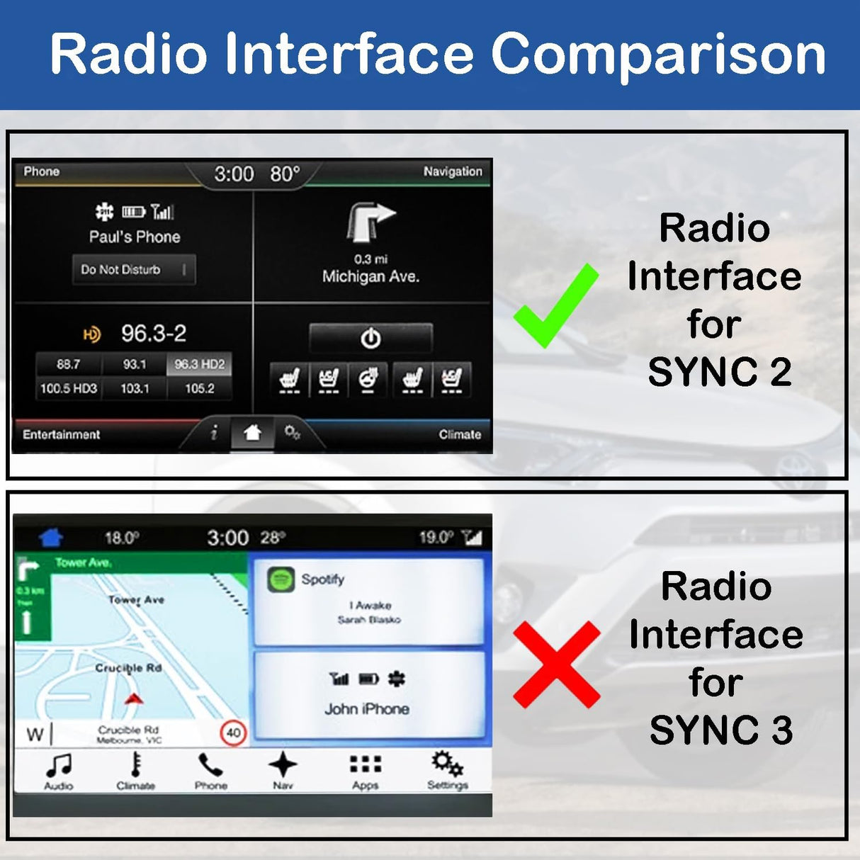 Comparison of Radio Interfaces for SYNC 2 and SYNC 3 on a vehicle dashboard display.