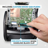Hand using custom micro ESD pliers on a circuit board with text about preventing damage.