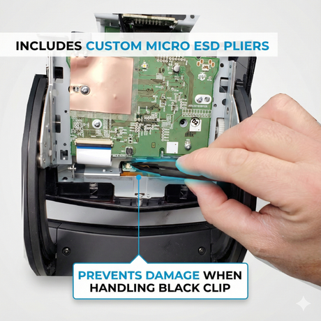 Hand using custom micro ESD pliers on a circuit board with text about preventing damage.