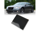 Composite image featuring a gray Chrysler 300 sedan parked on a road in the top half, and a replacement UConnect 3 8.4-inch complete display assembly (LCD panel and touchscreen digitizer) angled in the foreground on a white background.