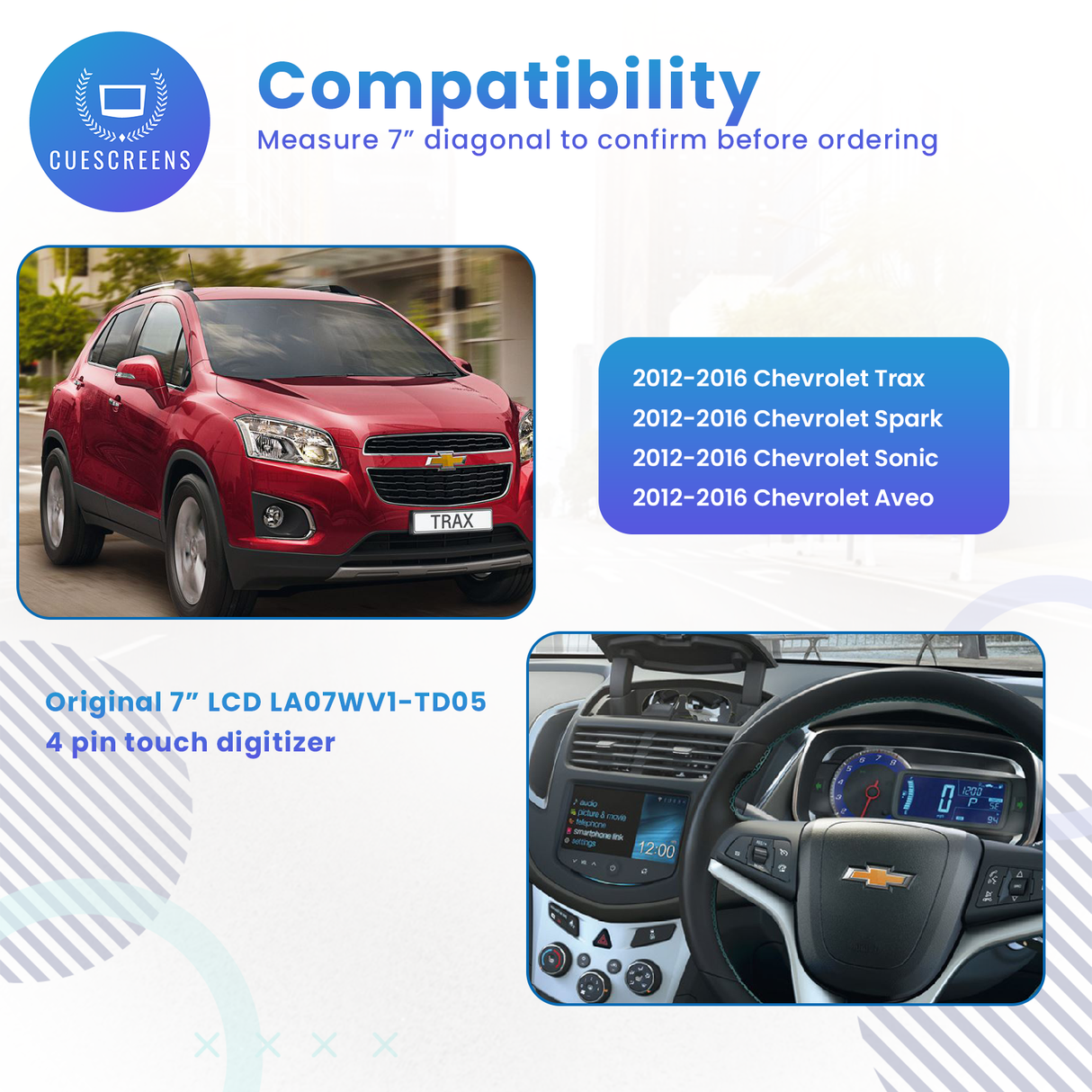 Chevy Mylink 7" LA070WV1 Replacement Touch Screen Digitizer for Trax Sonic Spark-Cuescreens