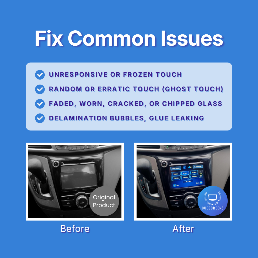 Before and after comparison of a car's infotainment screen with text about common issues on a blue background