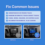 Before and after comparison of a car's infotainment screen with text about common issues on a blue background