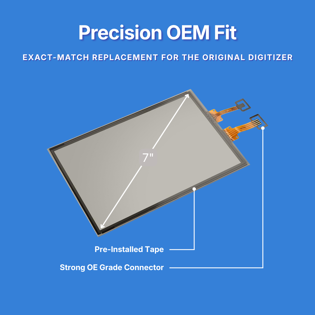 7-inch screen digitizer with pre-installed tape and strong OE grade connector on a blue background