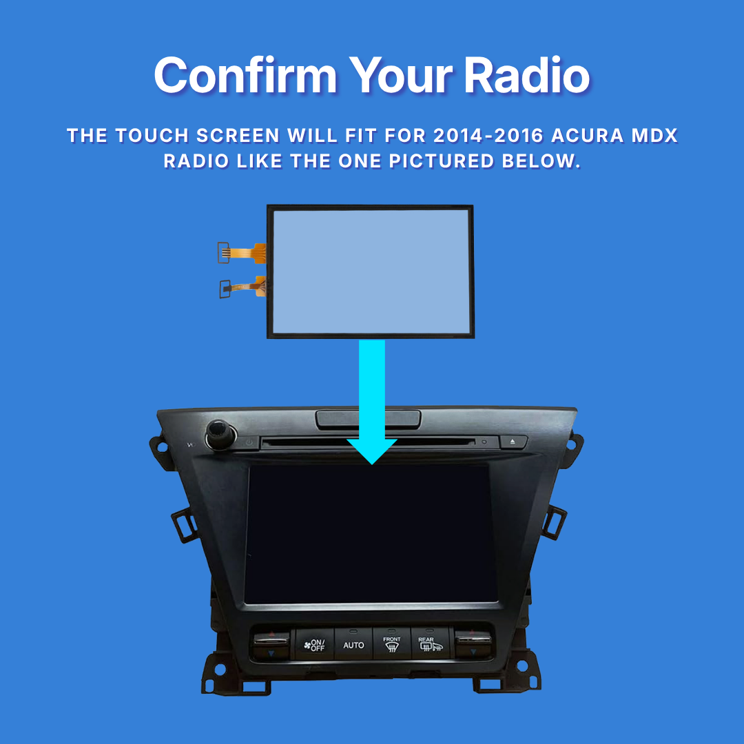 Car radio with a touchscreen overlay on a blue background, indicating compatibility with 2014-2016 Acura MDX